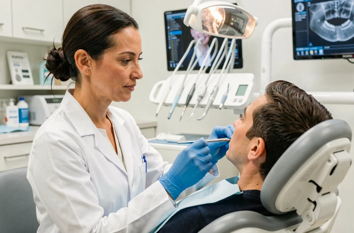 Dr Mariela Touitou-Abraham examinant un patient dans son cabinet dentaire moderne