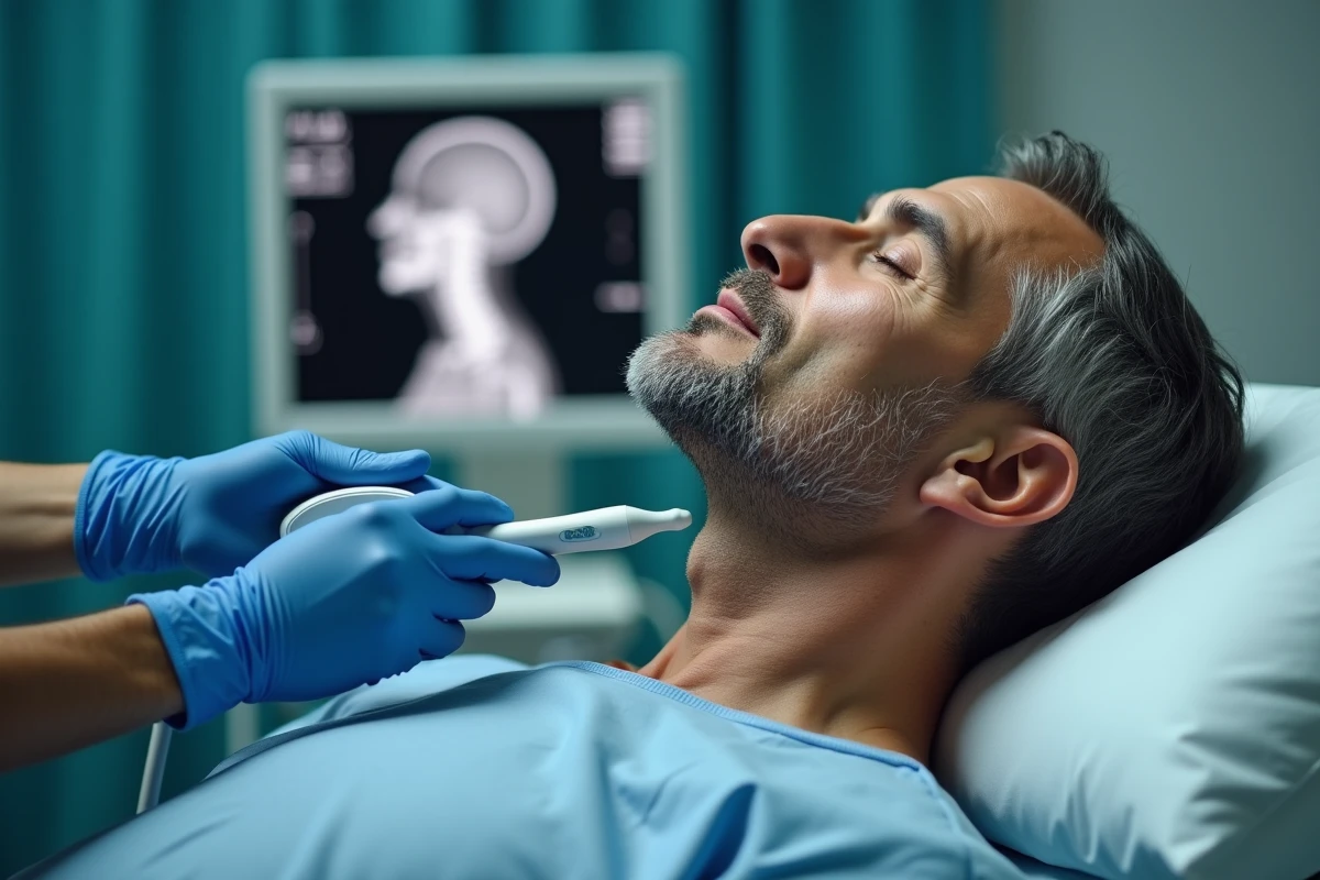 Échographie du cou gauche réalisée par un radiologue pour diagnostiquer un ganglion lymphatique suspect