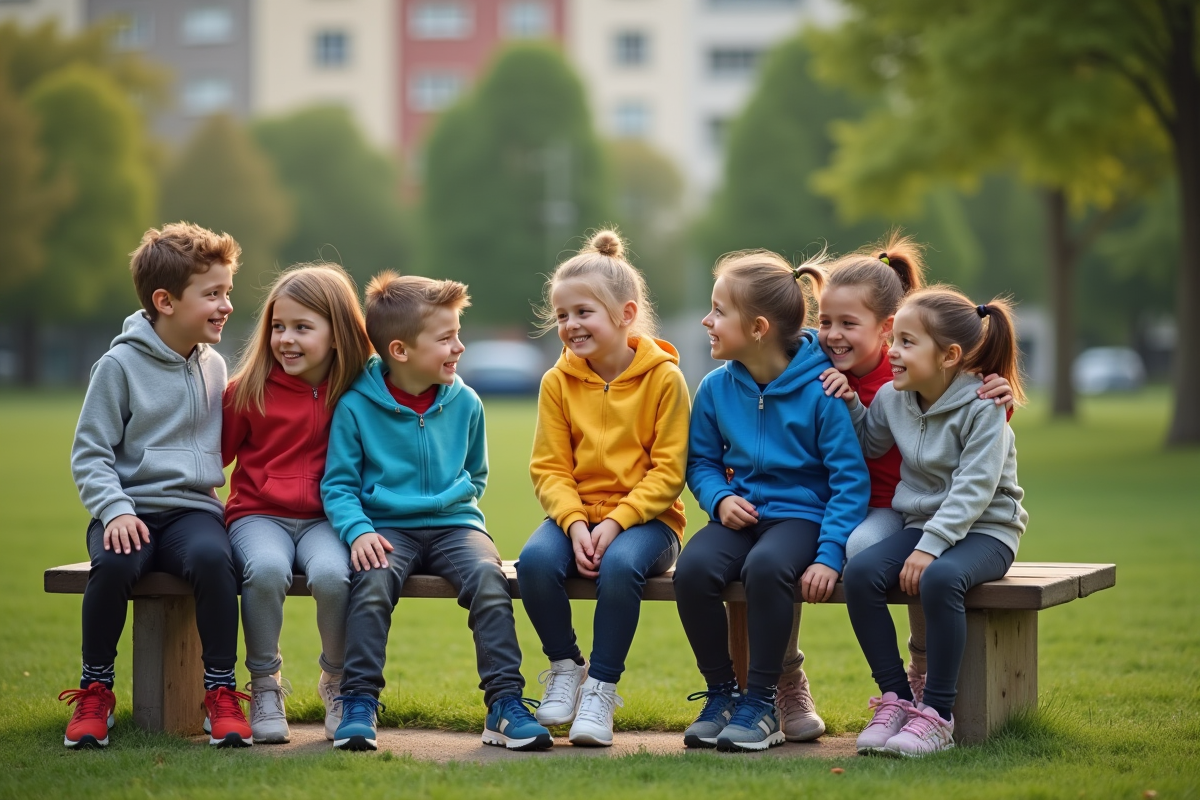 Enfants belges assis sur un banc de parc après sport