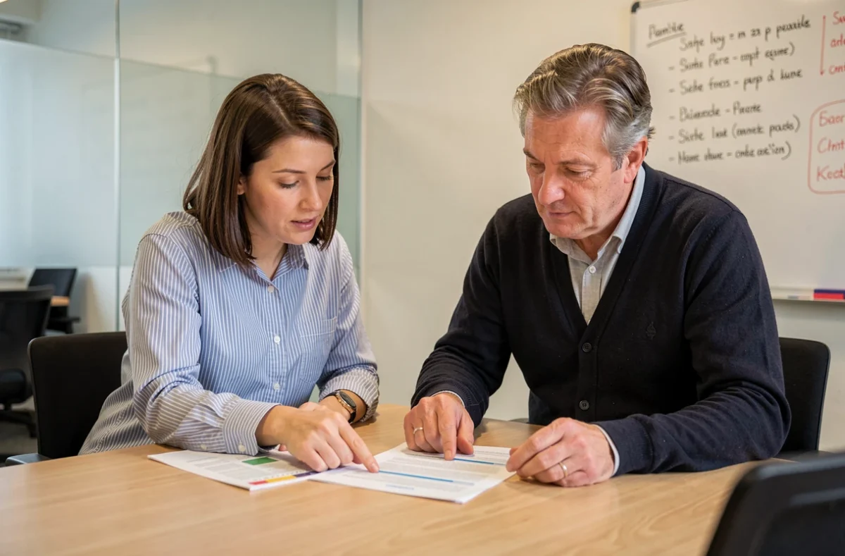 Deux employés de PME analysant ensemble le questionnaire risque professionnel Ameli en salle de réunion