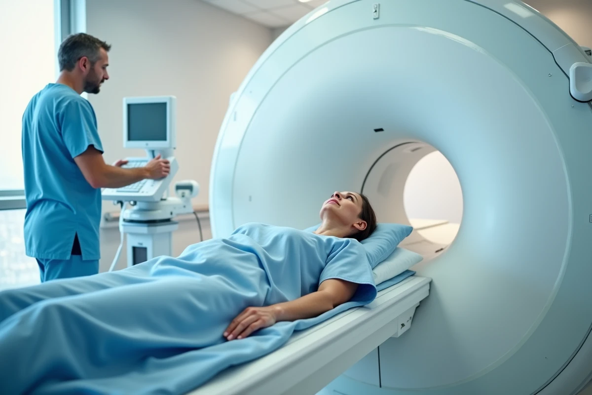 Patiente allongée dans un scanner IRM lors d'un bilan radiologique pour douleur lombaire basse côté droit