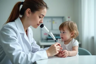 Dermatologue pédiatrique examinant l'ongle d'un enfant avec un dermatoscope lors d'une consultation clinique