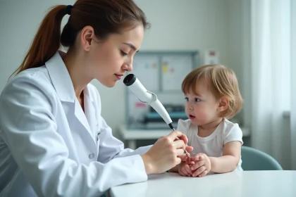 Dermatologue pédiatrique examinant l'ongle d'un enfant avec un dermatoscope lors d'une consultation clinique