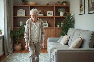 Femme agee marchant prudemment dans son salon