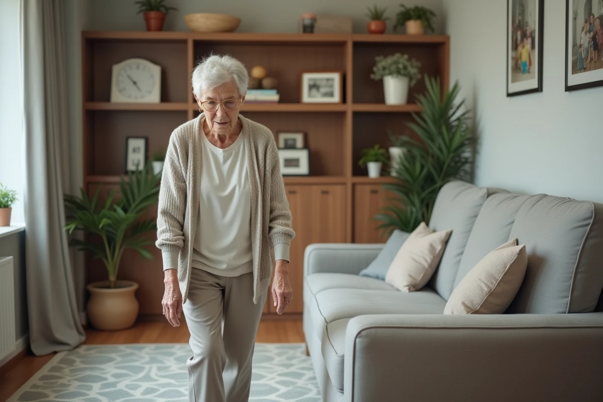 Femme agee marchant prudemment dans son salon