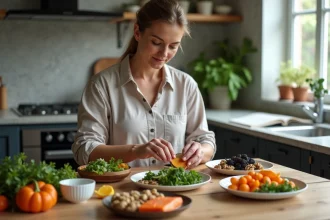 Femme assise à la cuisine avec aliments antiinflammatoires colorés