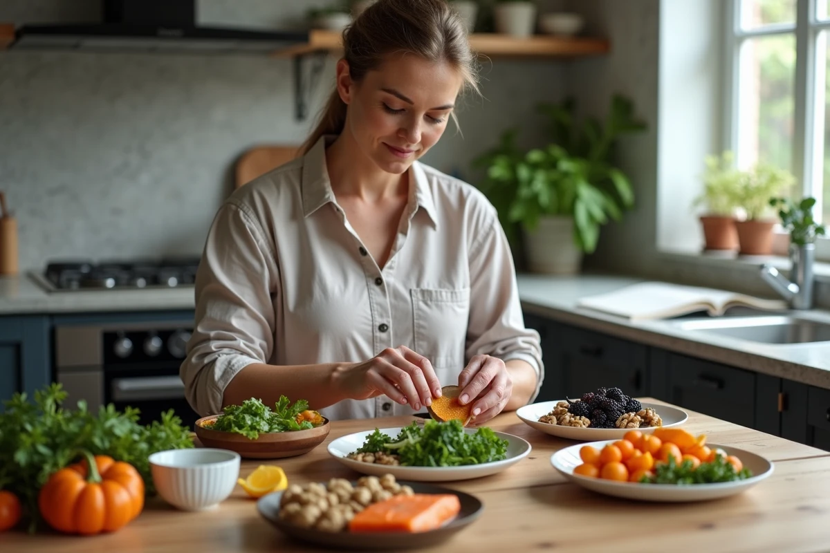 Femme assise à la cuisine avec aliments antiinflammatoires colorés