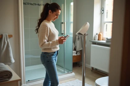 Femme regardant la balance dans une salle de bain chaleureuse