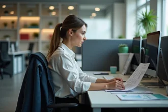 Femme en bureau moderne regardant des papiers