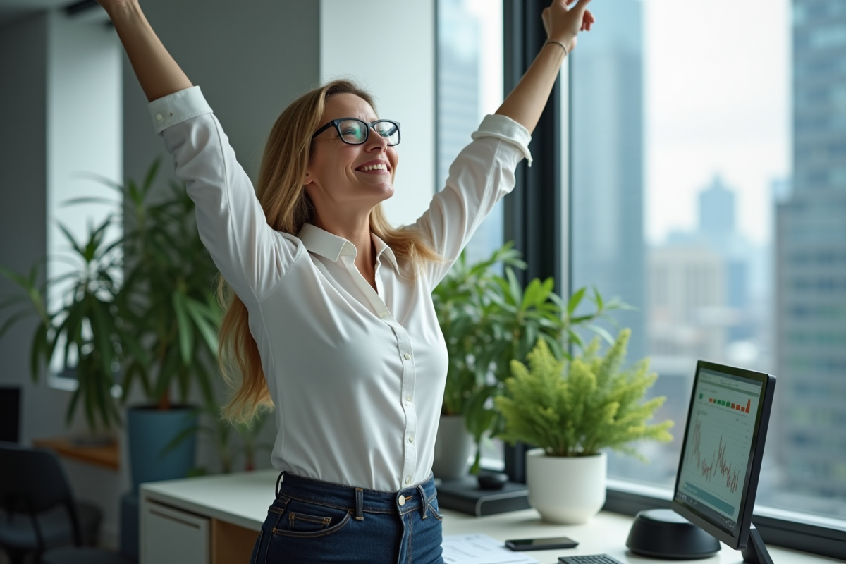Femme d age moyen s étirant dans un bureau lumineux