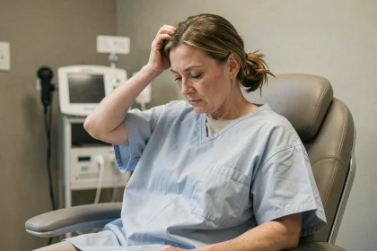 Femme en cours de chimiothérapie touchant ses cheveux clairsemés dans une clinique oncologique moderne