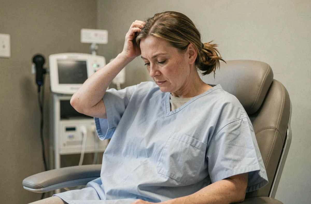 Femme en cours de chimiothérapie touchant ses cheveux clairsemés dans une clinique oncologique moderne