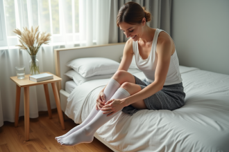 Femme ajustant une compression sur une lit moderne