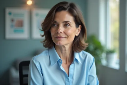 Femme d'&acirc;ge moyen en consultation m&eacute;dicale calme