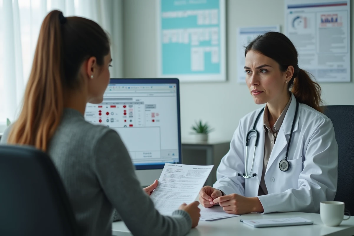 Femme consultant un médecin pour des résultats d'analyse sanguine montrant un CCMH bas