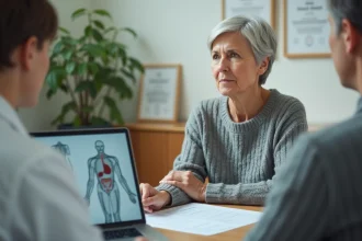Femme d'une cinquantaine d'années en consultation médicale oncologique discutant des risques de récidive de cancer avec son médecin