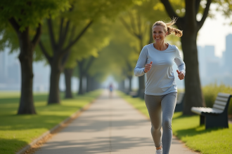 Femme d'âge moyen courant dans un parc verdoyant