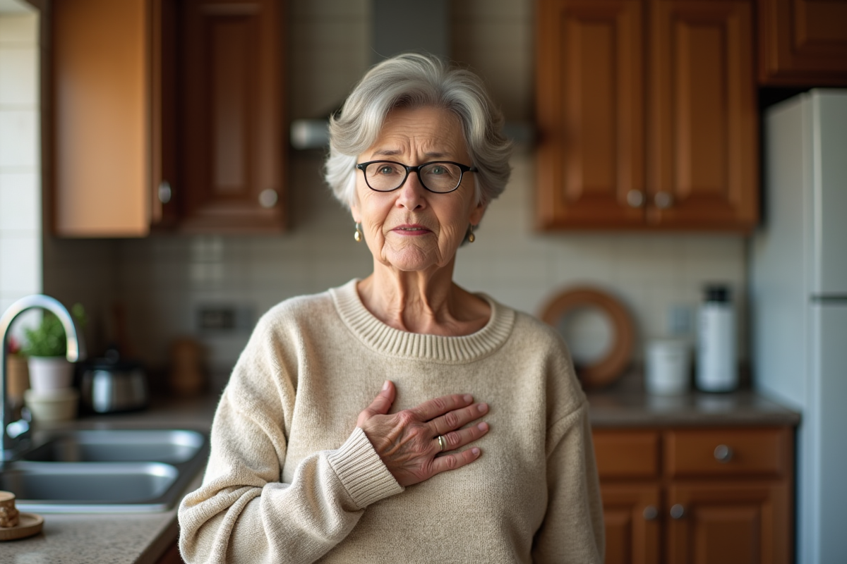 Femme âgée dans sa cuisine avec une expression inquiète