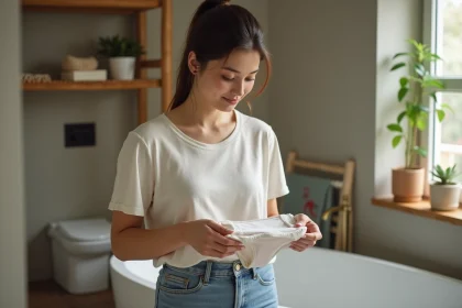 Femme examinant une culotte period &eacute;cologique dans une salle de bain moderne