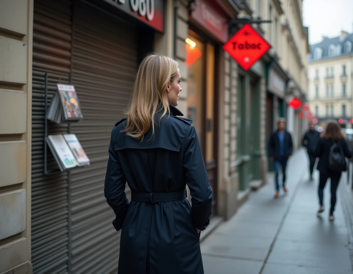 Une femme devant la devanture d'un bureau de tabac parisien avec enseigne losange rouge caractéristique