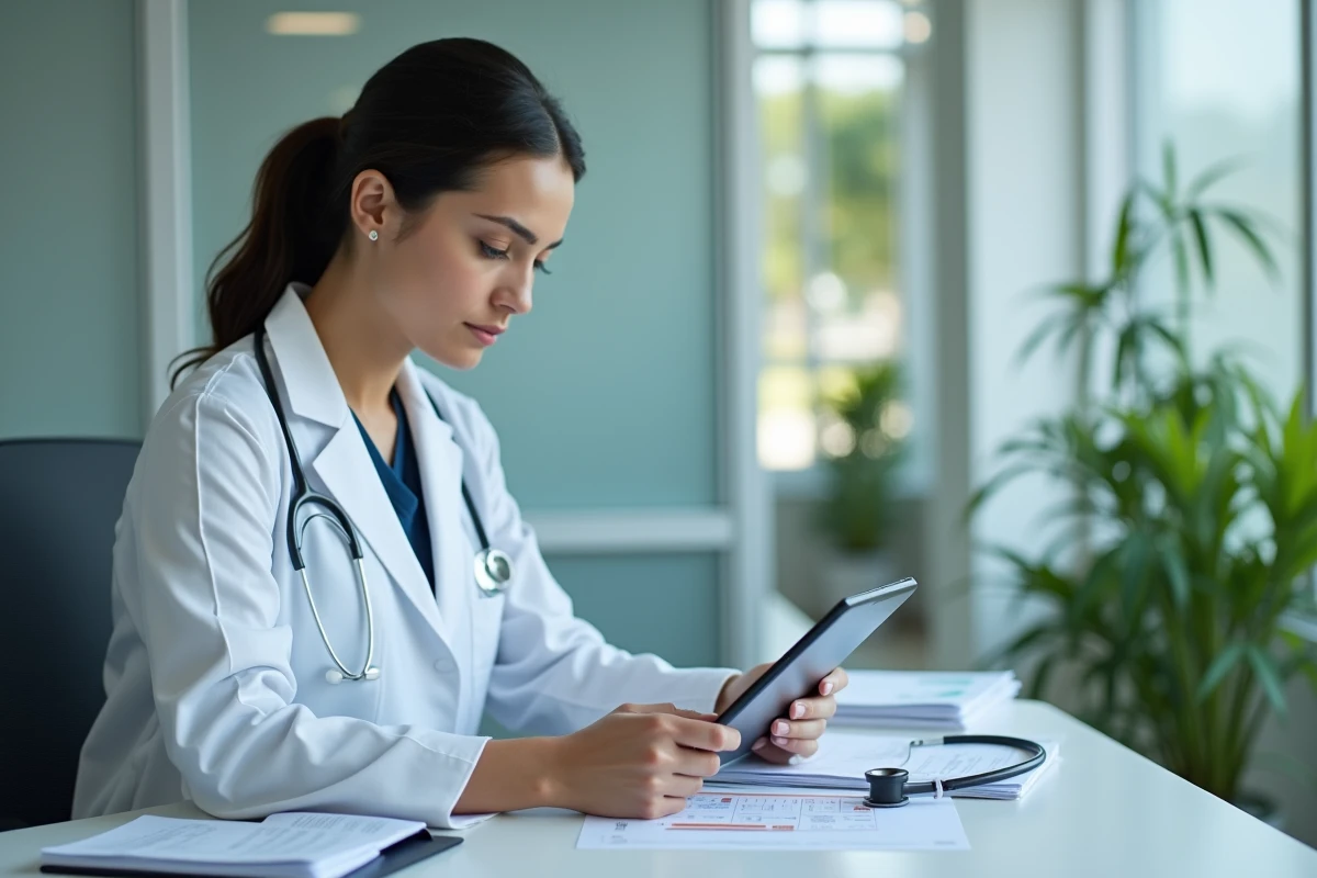 Docteur femme examinant des dossiers sur une tablette dans un cabinet