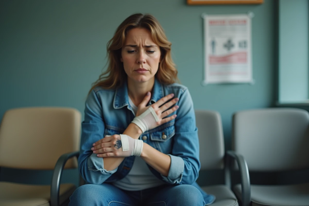 Femme tenant son doigt index cassé et bandé en salle d'attente des urgences, expression douloureuse