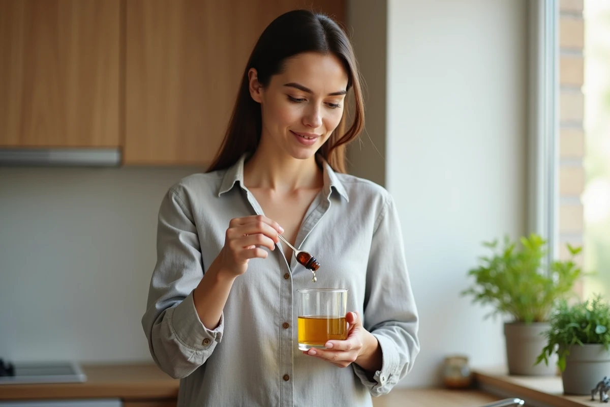 Femme mesurant une dose d'huile de ricin dans un verre d'eau dans une cuisine moderne lumineuse
