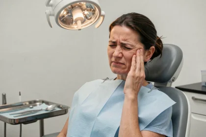 Femme en cabinet dentaire tenant sa joue en signe de douleur, évoquant un lien entre dent dévitalisée et sinusite