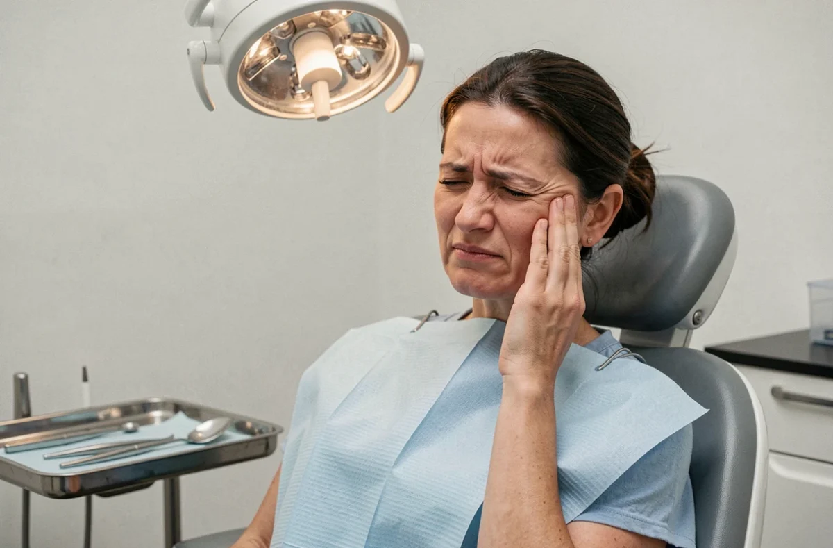 Femme en cabinet dentaire tenant sa joue en signe de douleur, évoquant un lien entre dent dévitalisée et sinusite