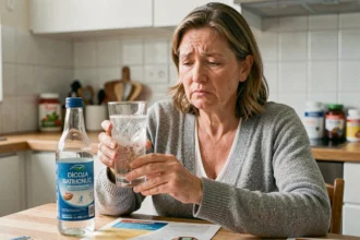 Femme d'âge moyen lisant l'étiquette d'une eau riche en bicarbonate dans sa cuisine, illustrant l'automédication et les risques pour la santé rénale
