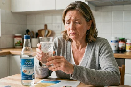 Femme d'âge moyen lisant l'étiquette d'une eau riche en bicarbonate dans sa cuisine, illustrant l'automédication et les risques pour la santé rénale