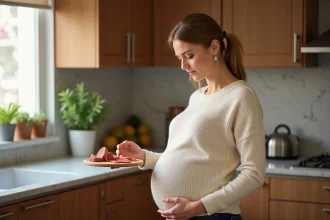 Femme enceinte dans une cuisine moderne tenant une planche de charcuterie avec du chorizo, se questionnant sur sa consommation pendant la grossesse