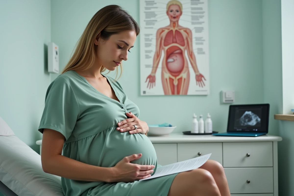 Femme enceinte examinant ses résultats d'analyses sanguines dans une clinique prénatale pour surveiller son CCMH