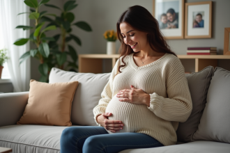 Femme enceinte souriante dans un salon chaleureux