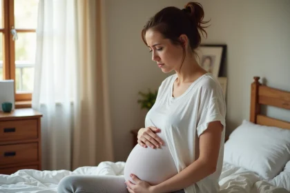 Femme enceinte au troisième trimestre assise sur un lit, la main sur le ventre, l'air préoccupée, illustrant les signes d'une possible rupture de la poche des eaux