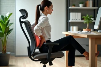 Femme assise en posture d'étirement au bureau