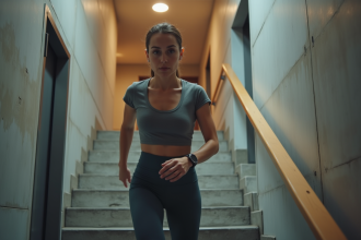 Femme en mouvement montant un escalier intérieur moderne