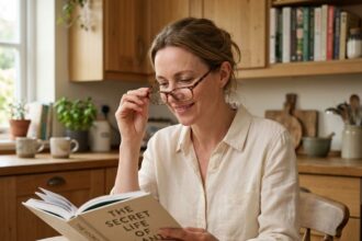 Femme dans la quarantaine essayant de nouvelles lunettes rectangulaires légères à la table de sa cuisine, avec une expression soulagée en lisant un livre