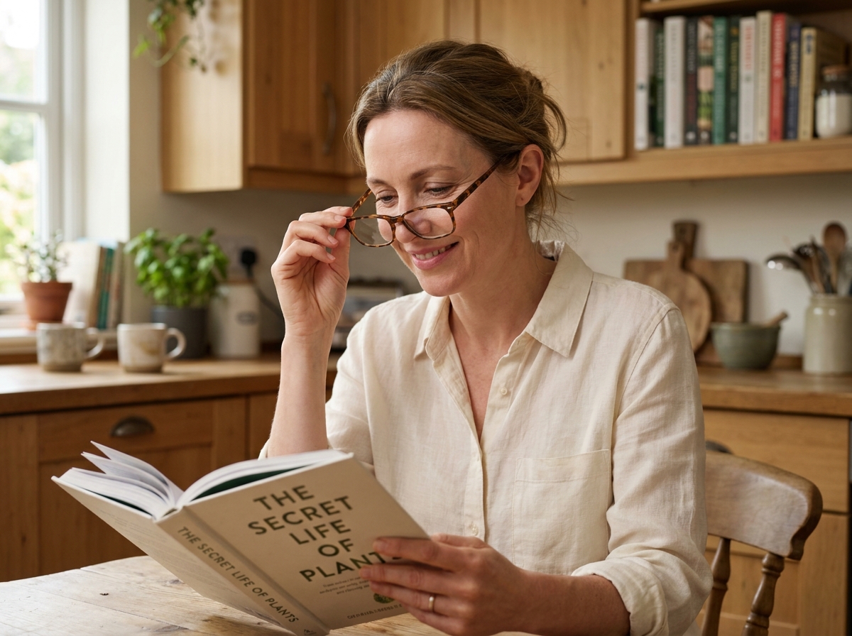 Femme dans la quarantaine essayant de nouvelles lunettes rectangulaires légères à la table de sa cuisine, avec une expression soulagée en lisant un livre