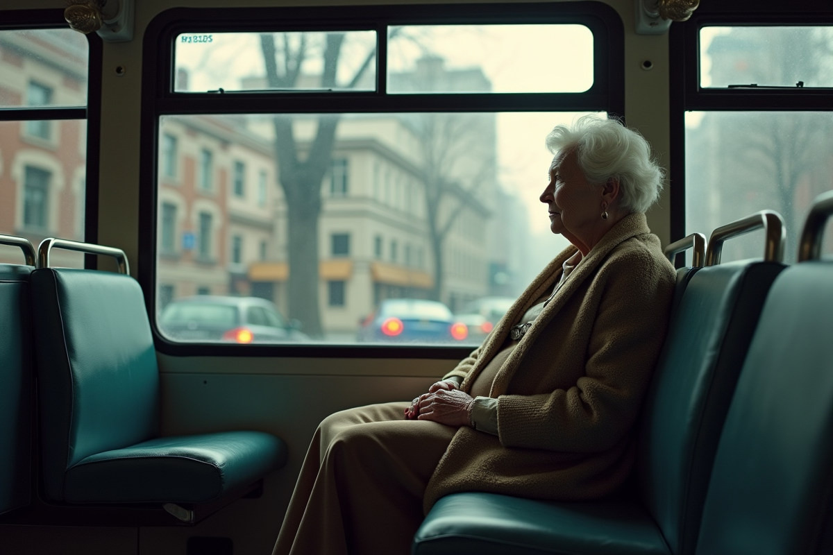 Femme âgée regardant par la fenêtre dans un bus urbain