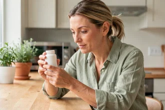 Femme lisant les informations sur un flacon de complément alimentaire Alviona dans une cuisine moderne