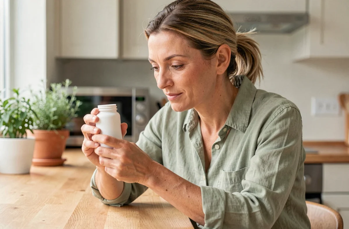 Femme lisant les informations sur un flacon de complément alimentaire Alviona dans une cuisine moderne