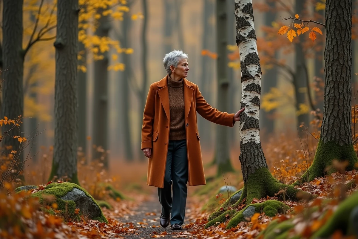 Femme se promenant seule en forêt automnale, métaphore du chemin de guérison après l'épuisement mental et le burn-out