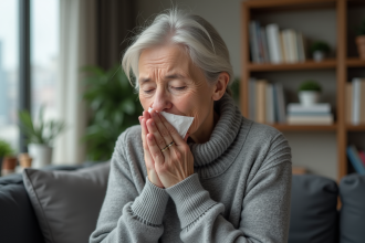 Femme âgée en train de tousser dans un salon moderne