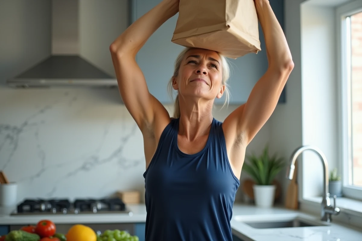 Femme essayant de lever un sac au-dessus de la tête dans une cuisine, illustrant un geste aggravant pour une fissure du tendon supra épineux