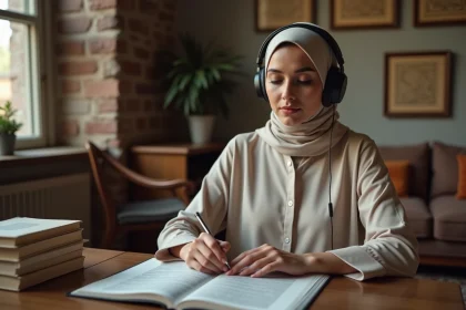 Femme musulmane lisant le Quran avec &eacute;couteurs dans un cadre cosy