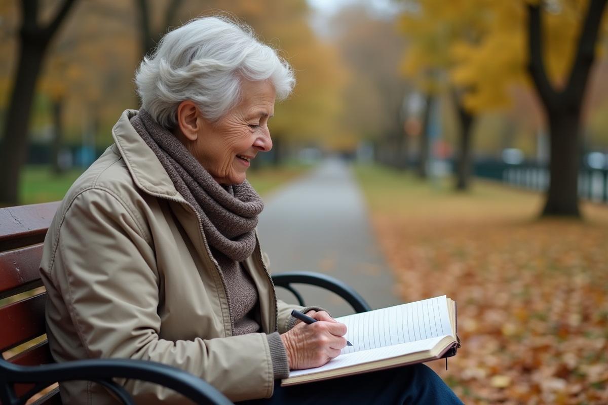 Femme âgée écrivant dans un journal en parc automnal