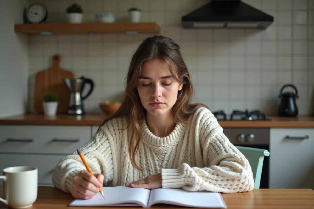Femme jeune notant ses symptomes dans la cuisine