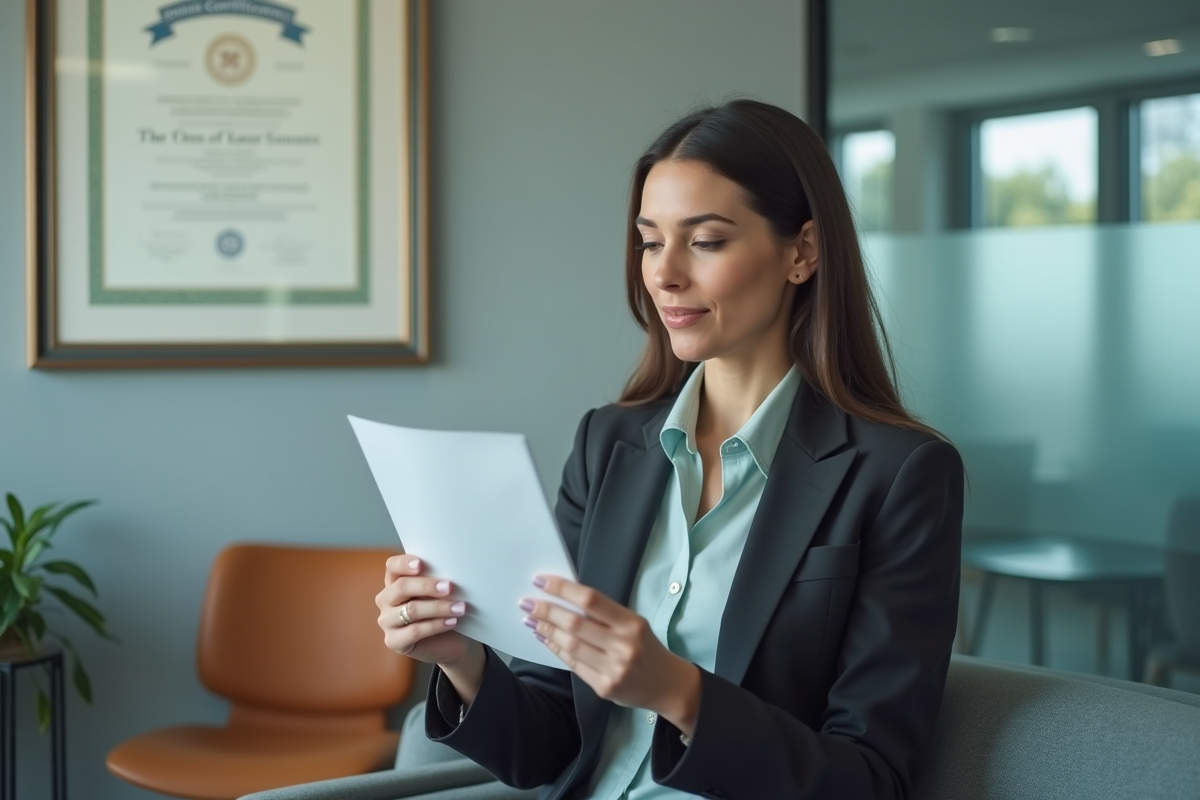 Femme en tenue d affaires lit un certificat dans un cabinet
