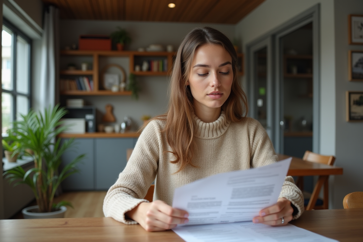 Jeune femme lisant un document immobilier à la maison